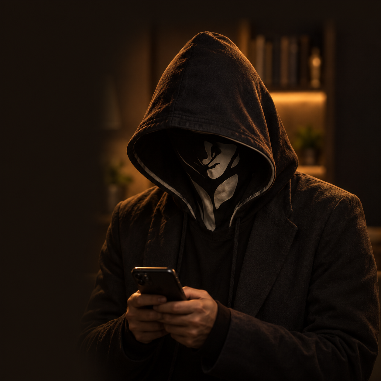 Персонаж в тёмном капюшоне с телефоном — иллюстрация схем мошенничества